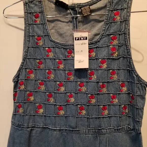 Vintage 90's NEW Denim Dress Embroidered Roses Floral Faux Wrap Button Size M - Picture 16 of 16